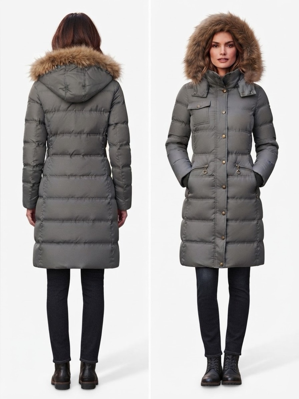 NWT‎ WOMEN WINTER PUFFER DOWN PARKA GRAY COAT REAL FUR TRIMMED HOOD JACKET BELT
